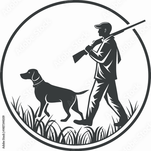 Silhouette of hunter walking with hunting dog vector graphic illustration