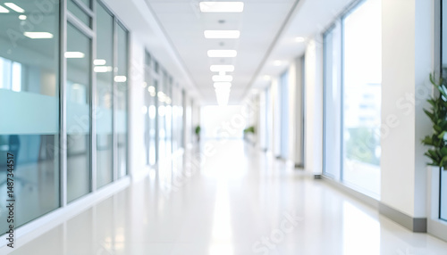 Bright office hallway with a defocused effect, ideal as a modern business background or backdrop.