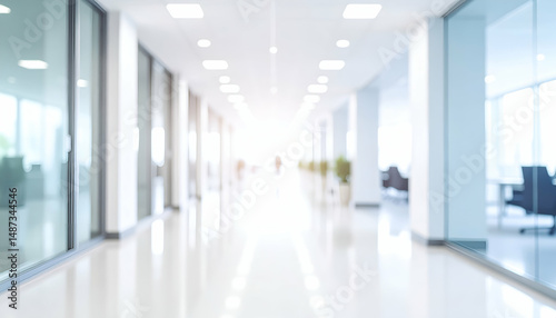 Clean and bright office hallway with soft focus, creating a contemporary business atmosphere.