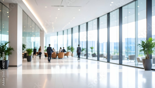 Contemporary office or hotel reception area in soft focus, highlighting a bright and airy atmosphere.