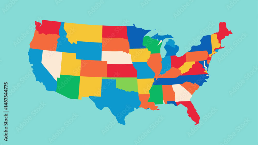 Fototapeta premium Colorful State Map of USA with Alphabet Letters 