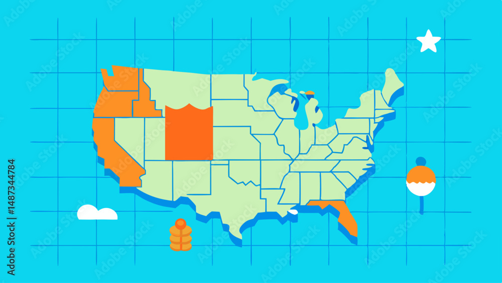 Obraz premium School Map of USA with Icons for Education 