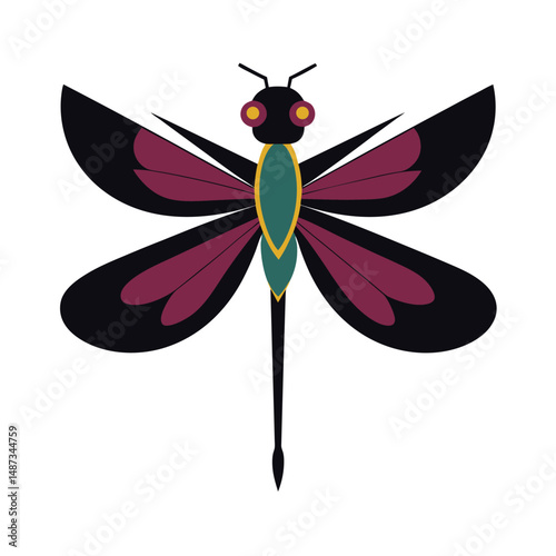 Artistic illustration of a stylized dragonfly with black wings and maroon accents on white background