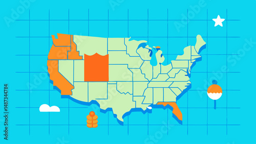 School Map of USA with Icons for Education  