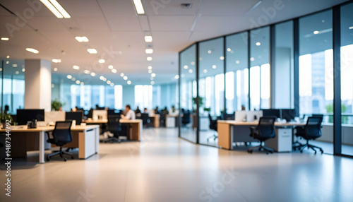 Defocused office setting with ambient illumination, evoking productivity and a serene atmosphere.
