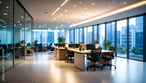 Modern office interior with blurred details and gentle lighting, perfect for professional background use.