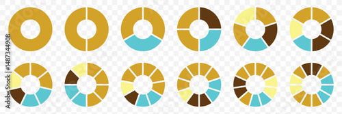 Pie chart set, segmented circle icons, circle diagram. Pie chart divided 1,2,3,4,5,6 equal parts. Color pizza or donut round diagram. Infographic wheel segment or sections parts on Transparent. EPS 10