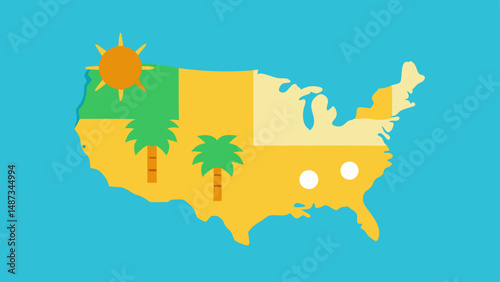 USA Summer Travel Map with Palm Tree Icons  