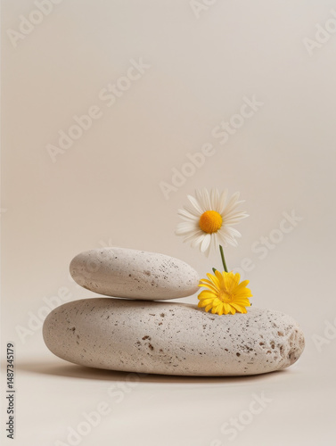 A minimalist composition featuring a large flat rock adorned with small yellow and white daisies against a beige background, ideal for e-commerce product background.