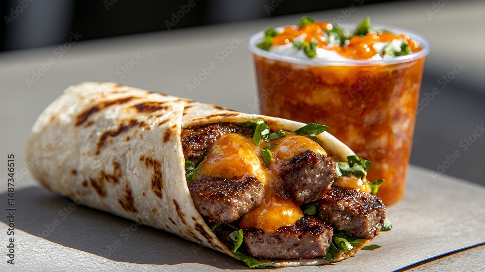 Burrito with Sauce and Side Dish Burrito with Sauce and Side Dish