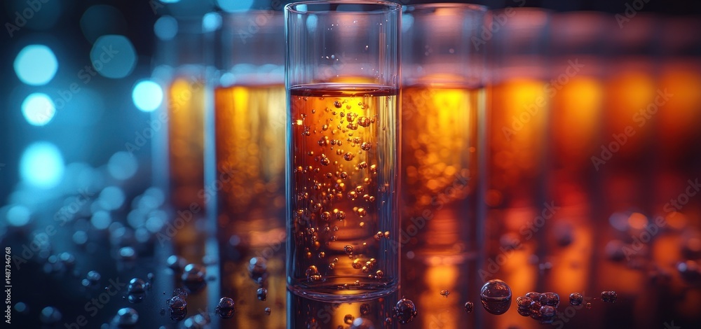 Obraz premium Amber Liquid in Glassware, Nighttime Setting