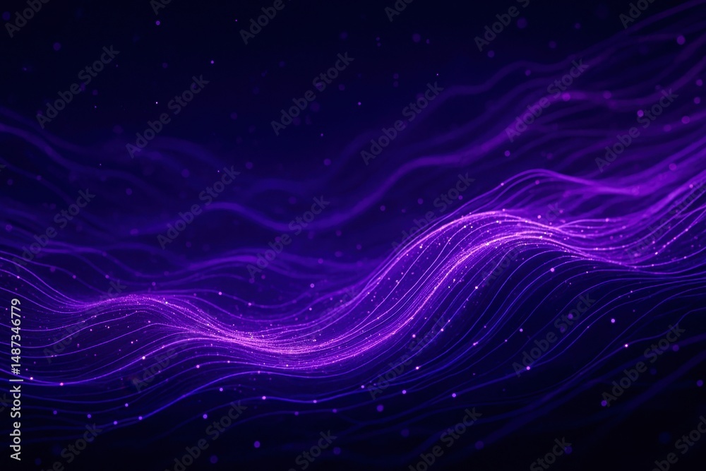 Fototapeta premium Abstract purple energy wave of glowing particles on black background.