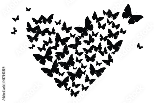 Many black butterfly silhouettes artistically compose a striking, distinctive heart shape on clean white