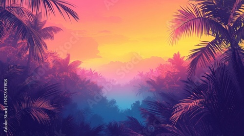 Bright tropical forest with colorful gradients in the sky, palm shadows overlaying the vibrant foliage