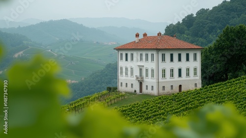 Honeymoon Location Luxurious Resorts Concept. Scenic Vineyard Estate Surrounded by Lush Green Hills and Misty Mountains