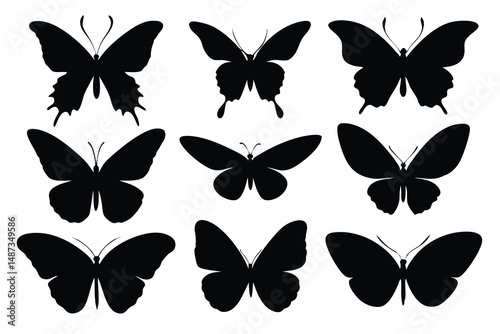 Nine diverse butterfly silhouettes show variety in wing shape and antennae style for design