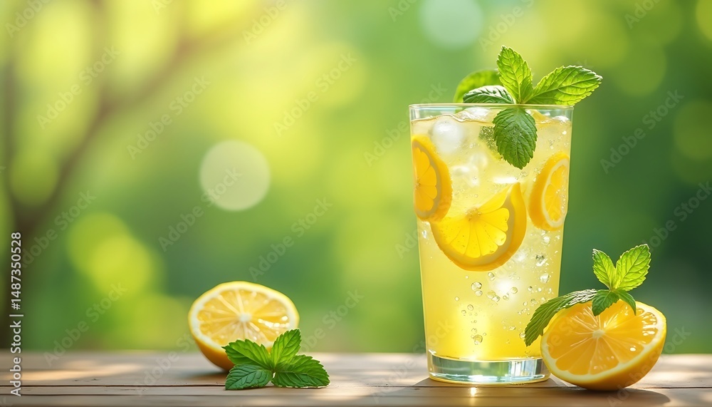 Fototapeta premium Making Lemonade with Ice and Mint on Wooden Table in Natural Light
