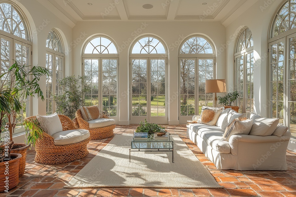 Obraz premium Bright airy sunroom with large windows, white walls, light-colored furniture, elegant sofa, chairs, glass coffee table, brick flooring, tall lamps, and three arched doors leading outdoors