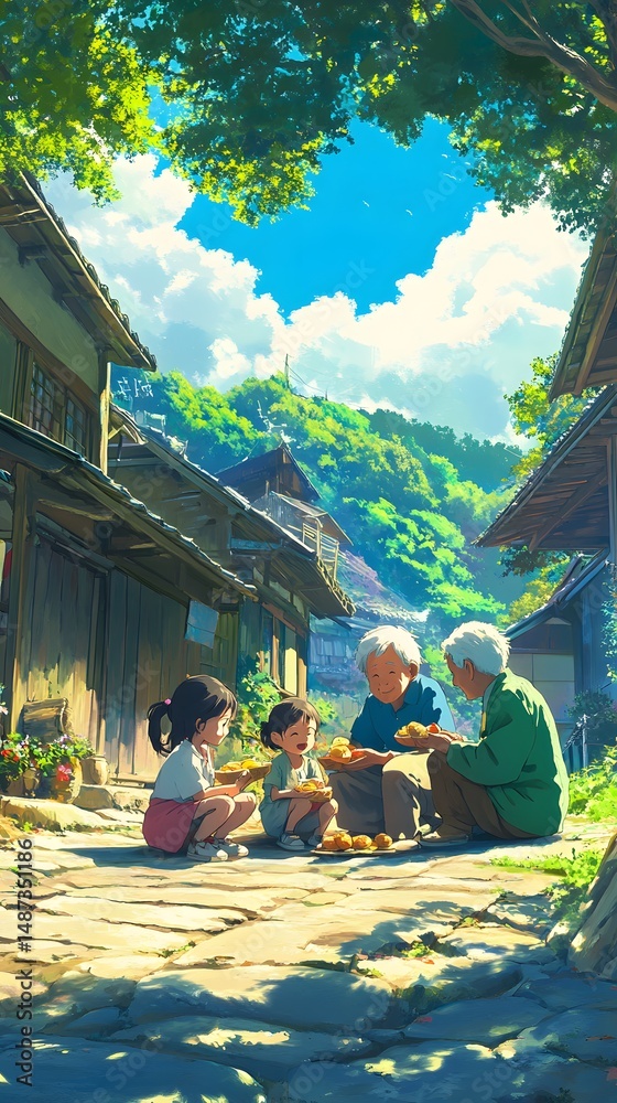 Obraz premium Anime children sharing snacks with grandparents on a quiet afternoon