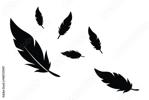 Several black feathers gently drift across the white canvas in a simple pattern