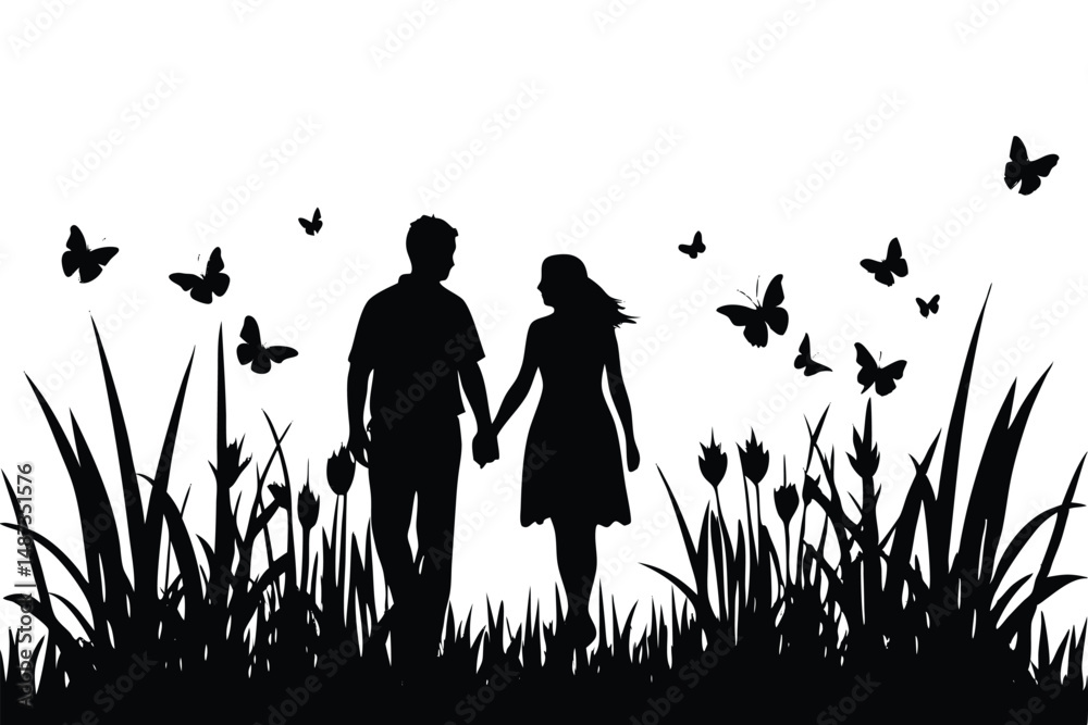 Silhouette depicts a couple holding hands walking through a meadow with butterflies flying above them Silhouette depicts a couple holding hands walking through a meadow with butterflies flying above them