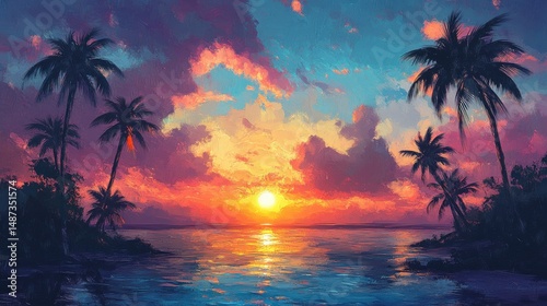 Radiant tropical skyline at sunset, palm tree shadows crossing vibrant painted skies