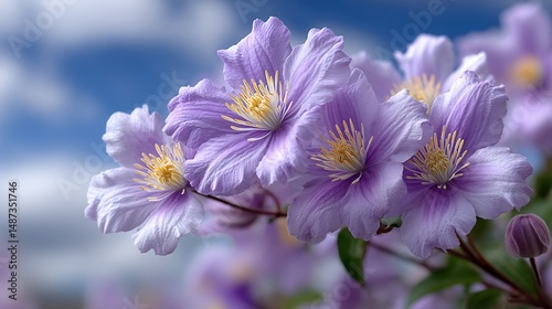 Lavender clematis bloom against a cloudy sky