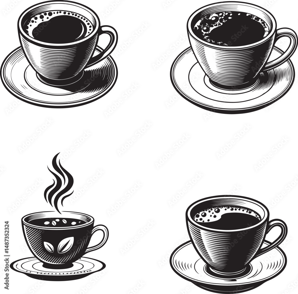 Obraz premium Hot espresso and cappuccino coffee cups set illustration for cafe breakfast