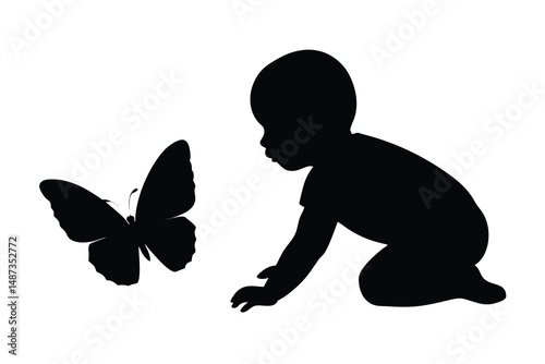Silhouette of a baby gazing at a large butterfly in a field of dreams