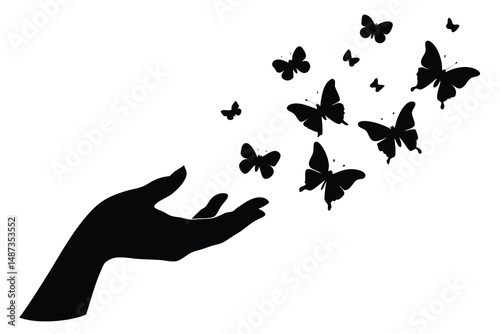 Silhouette of a hand appearing to release butterflies, symbolizing freedom and metamorphosis, all in black