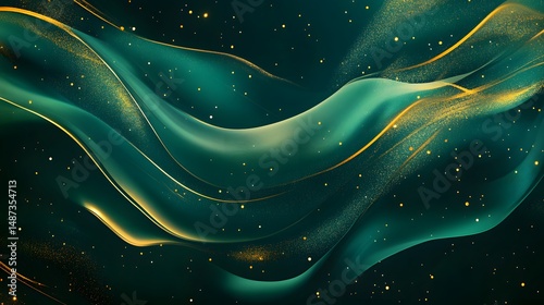 Abstract layered green background with radiant gold shine and sparkle haze