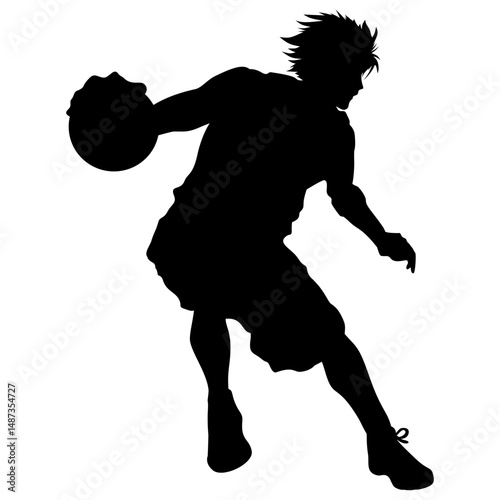 A dynamic black silhouette of a basketball player dribbling the ball