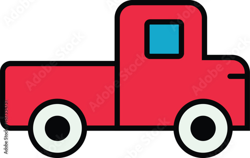 Red Pickup Truck Flat Color Illustration with Blue Window
