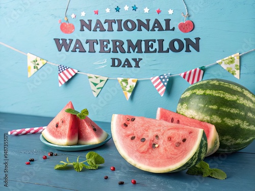 National Watermelon Day | Juicy Summer Fruit on Vibrant Blue & Pink Background