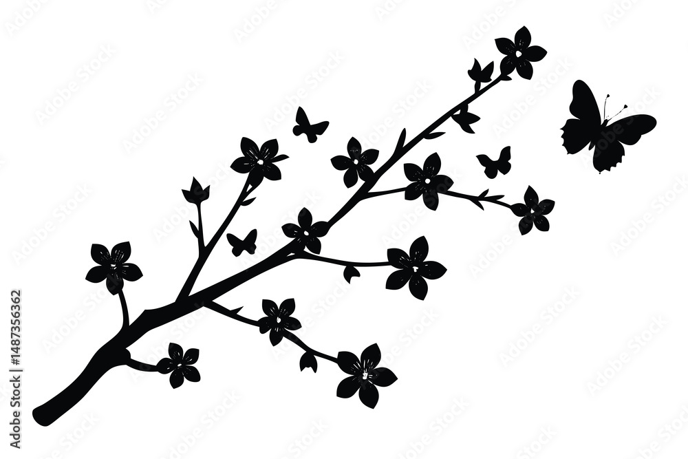 Naklejka premium Silhouette of tree branch adorned with flowers as butterflies flutter around on white