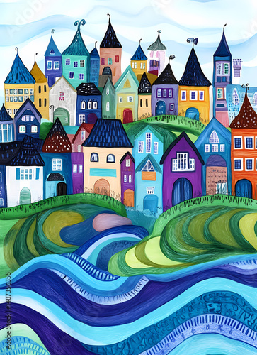 Colorful Fantasy Cityscape on Rolling Hills photo