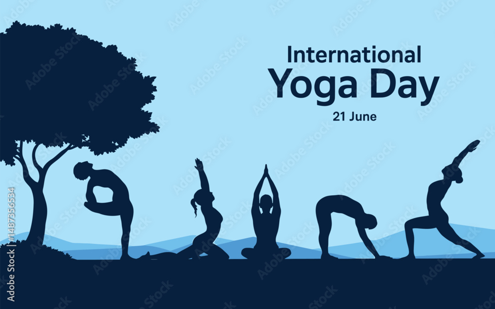 Obraz premium International Yoga Day wishes or greeting banner poster design with sun, cloud, and mountain, view, background, design, social, media, 21st june