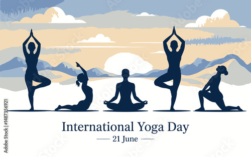 International Yoga Day wishes or greeting banner poster design with sun, cloud, and mountain, view, background, design, social, media, 21st june