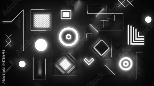 Abstract Geometric Black and White Design with Glowing Shapes