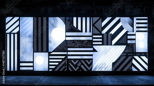 Abstract Geometric Black And White Wall Design At Night
