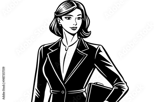 Businesswoman silhouette in stylish outfit holding a file transparency vector, business, businesswoman, professional, woman, portrait, vector, silhouette, black and white, monochrome, elegant, stylish