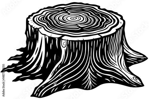 Detailed black silhouette of a tree stump in a three quarter view, tree stump, silhouette, black, vector, illustration, design, graphic, three quarter view, nature, wood, cut, cross section, circle, r