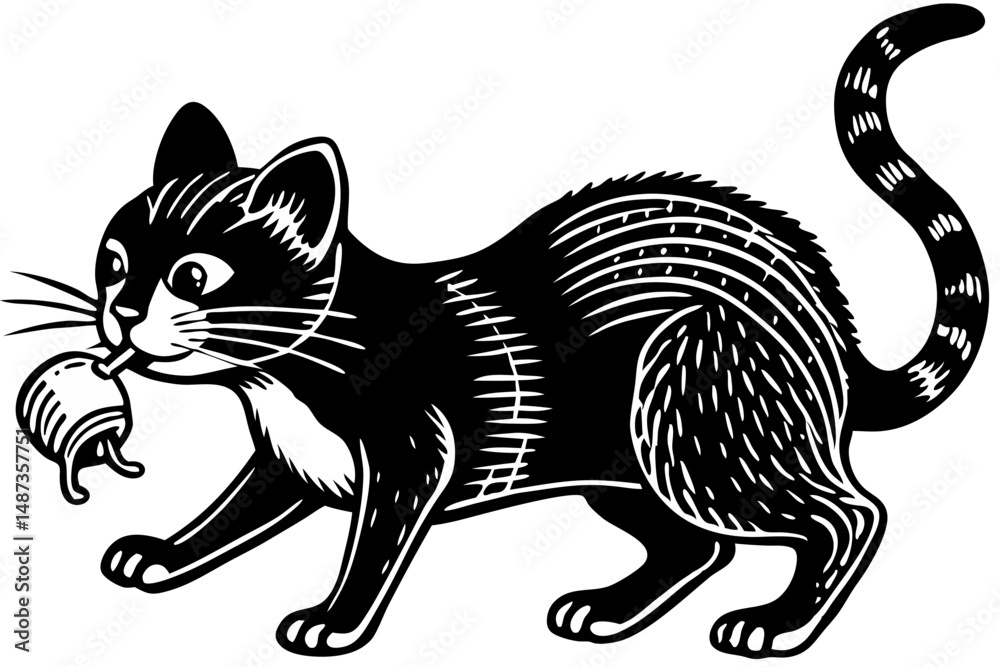 Obraz premium Silhouette of a cat holding a mouse side view illustration, cat, mouse, silhouette, side view, black and white, animal, domestic animal, feline, predator, prey, cartoon, illustration, vector, graphic