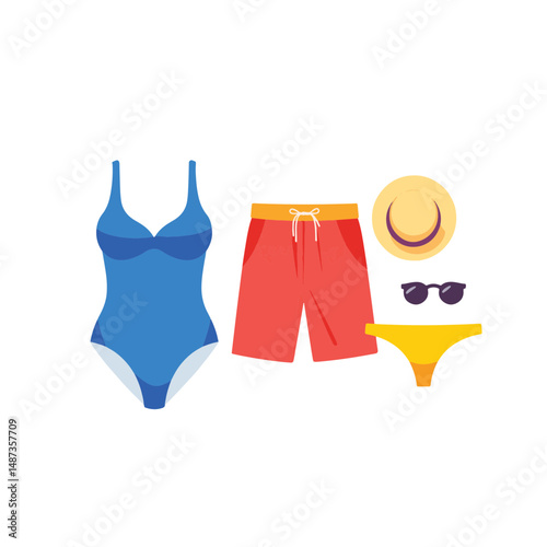 Colorful swimwear collection on white background, summer vibes