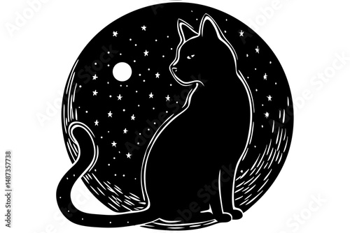 Silhouette of a cat under a moonlight sky vector design, cat, silhouette, side view, moonlight, night, stars, moon, celestial, sky, animal, feline, vector, illustration, design, graphic, art, black