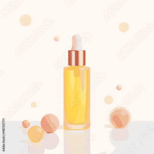 Minimalist glass skincare bottle with serum on white background, beauty concept