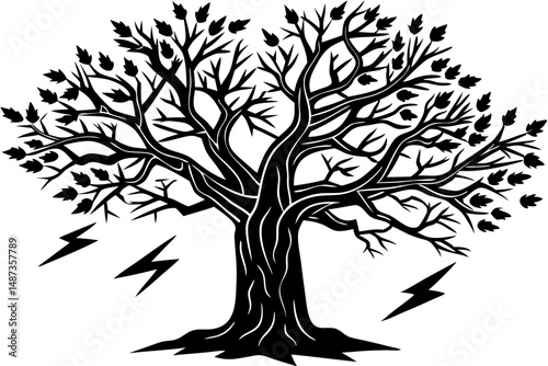 Silhouette of a tree with lightning strike three quarter view, tree, lightning, strike, storm, weather, nature, illustration, silhouette, black, white, vector, graphic, design, art, element, symbol