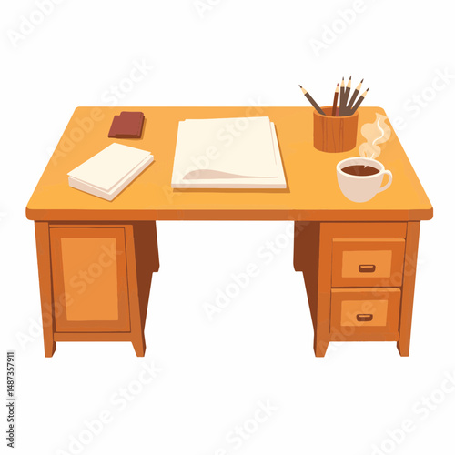 Classic wooden desk with stationery items, minimalistic workspace