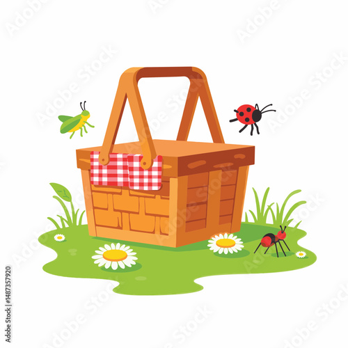 Playful picnic basket with cartoon bugs on green grass, outdoor fun
