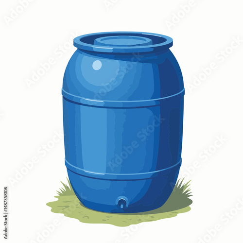 Blue rainwater collection barrel against white background, eco-friendly design